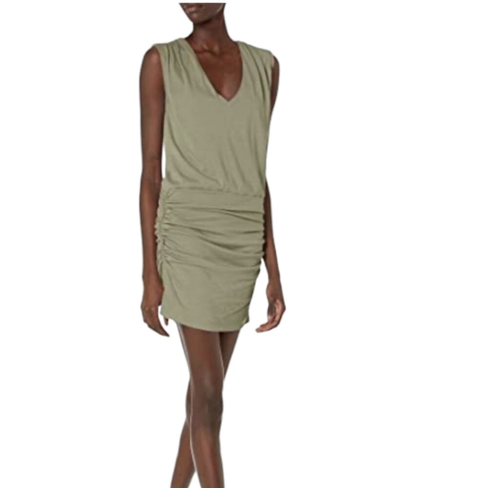 Monrow light olive green tucked shoulder shirred dress small